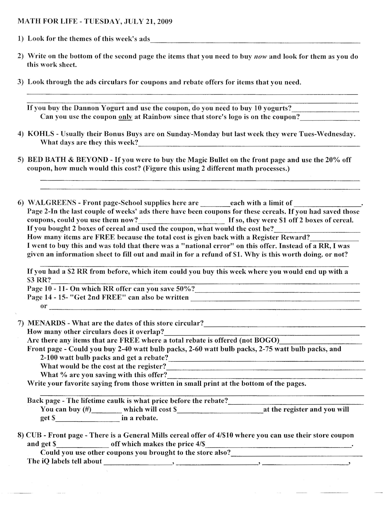 consumer math worksheets