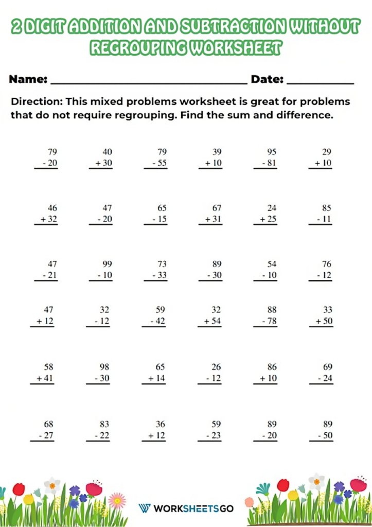 2 Digit Addition And Subtraction Without Regrouping Worksheets 