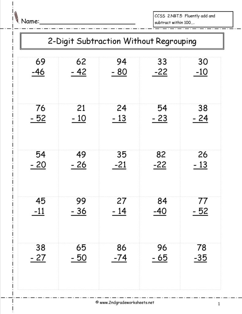 2 Digit Minus 2 Digit Subtraction With No Regrouping A Printable