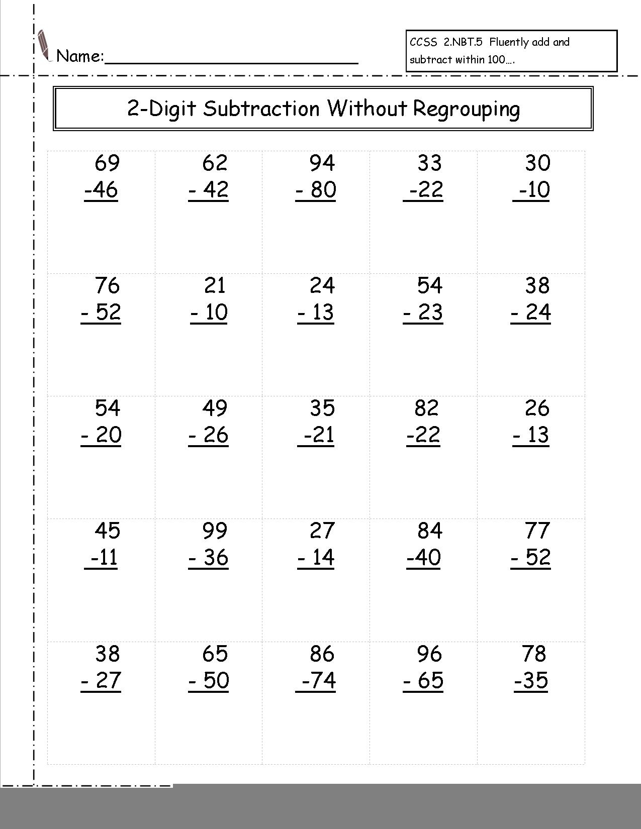 2 Digit Minus 2 Digit Subtraction With No Regrouping A Printable 