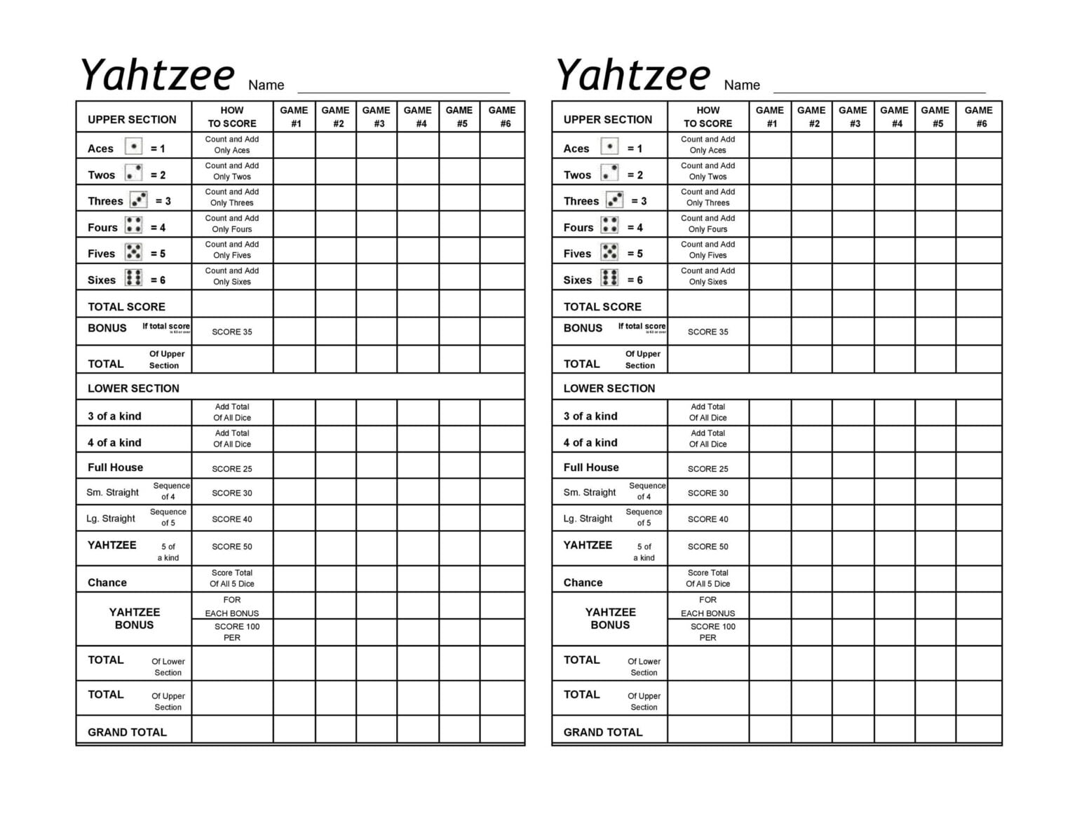 printable full page yahtzee score card