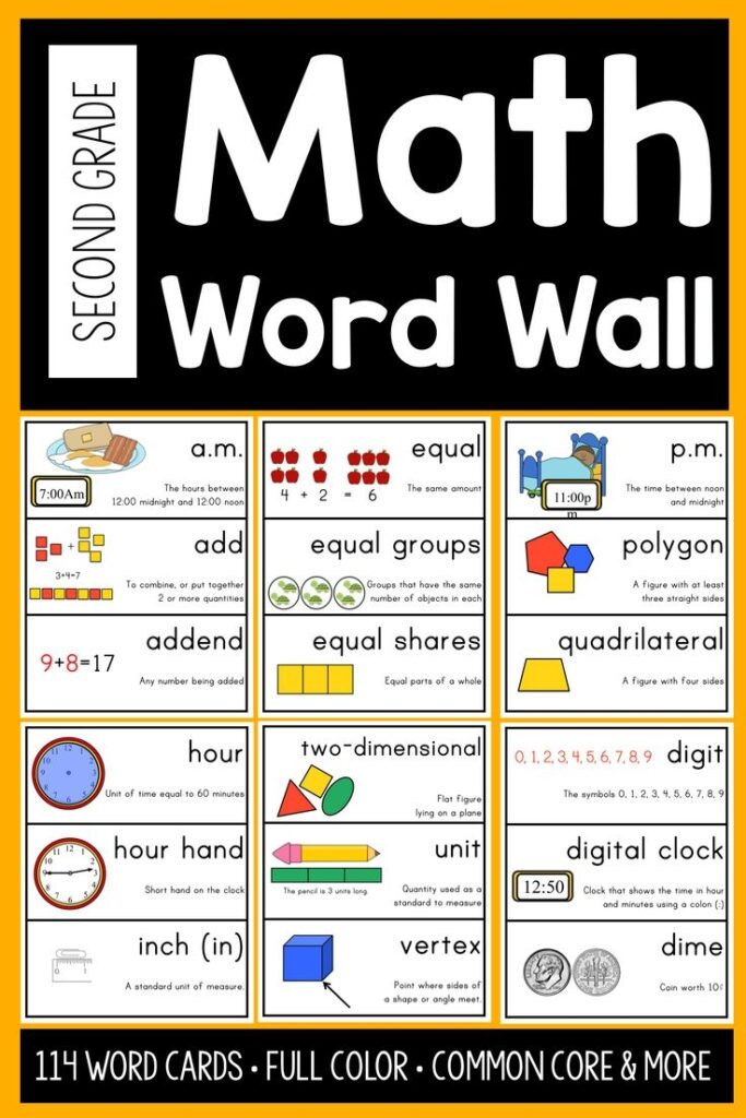 2nd Grade Math Word Wall Vocabulary Cards For The Whole Year Math