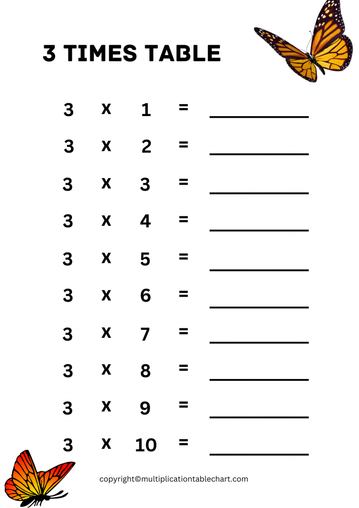three times table worksheet