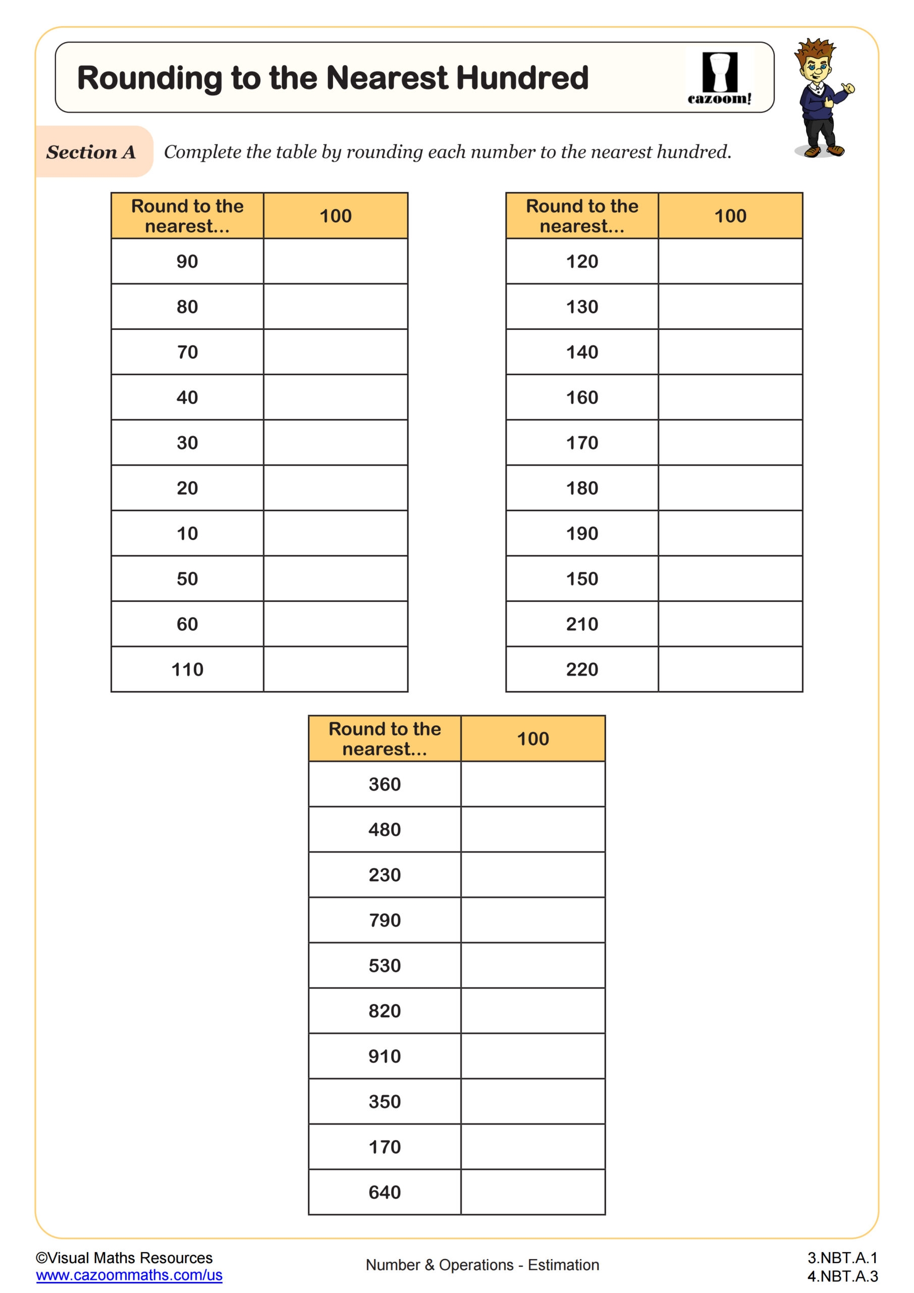 3rd Grade Place Value Math Review Practice Worksheets Rounding 