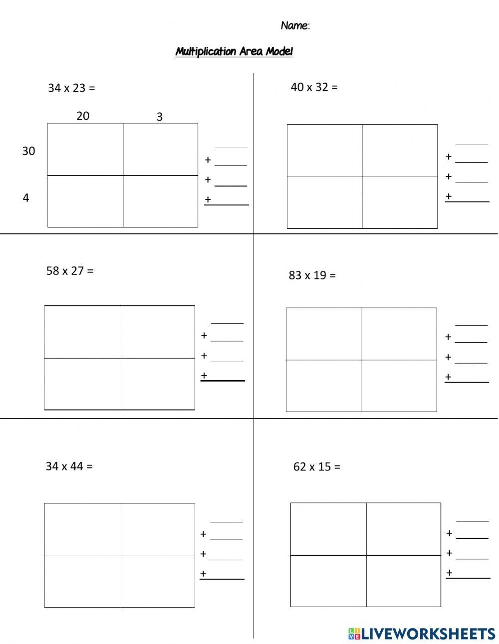 area model multiplication worksheet