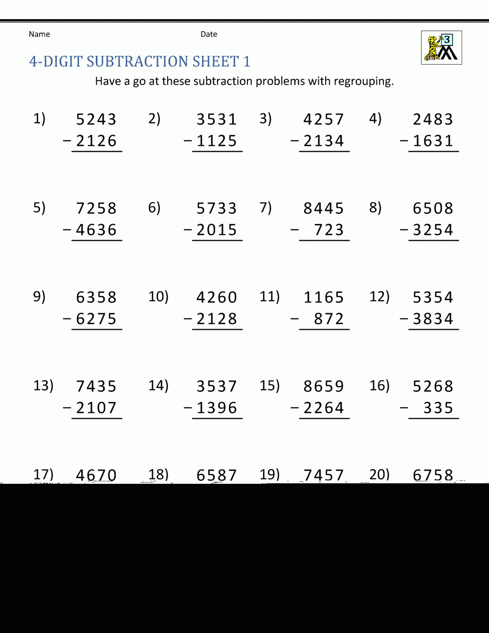 4th grade subtraction worksheets