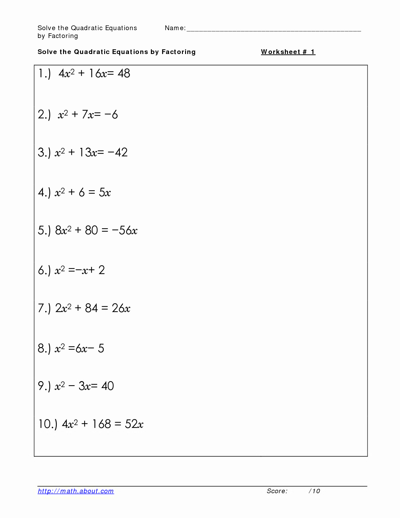 47 Factoring Quadratic Equations Worksheet