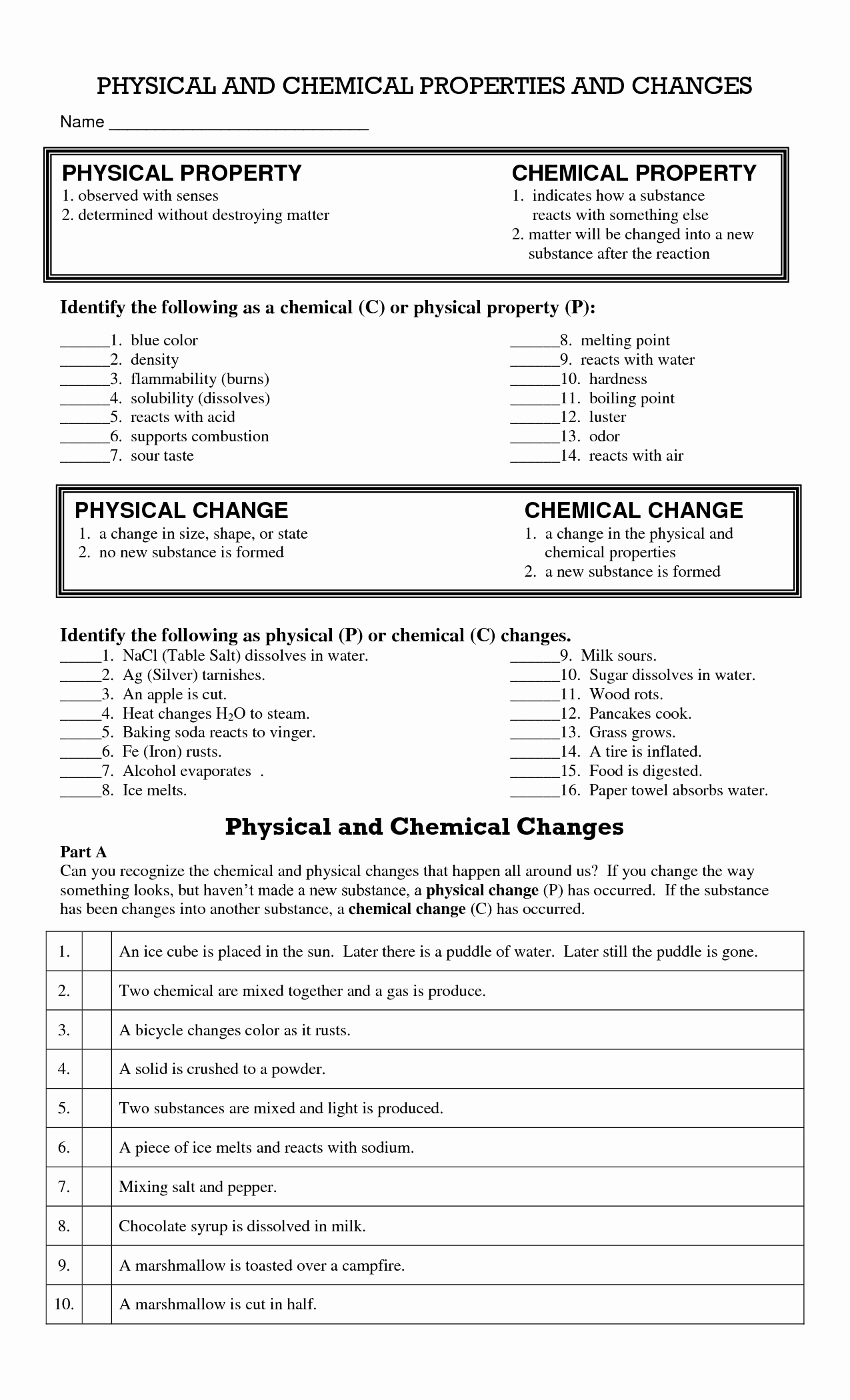 physical chemical changes worksheet