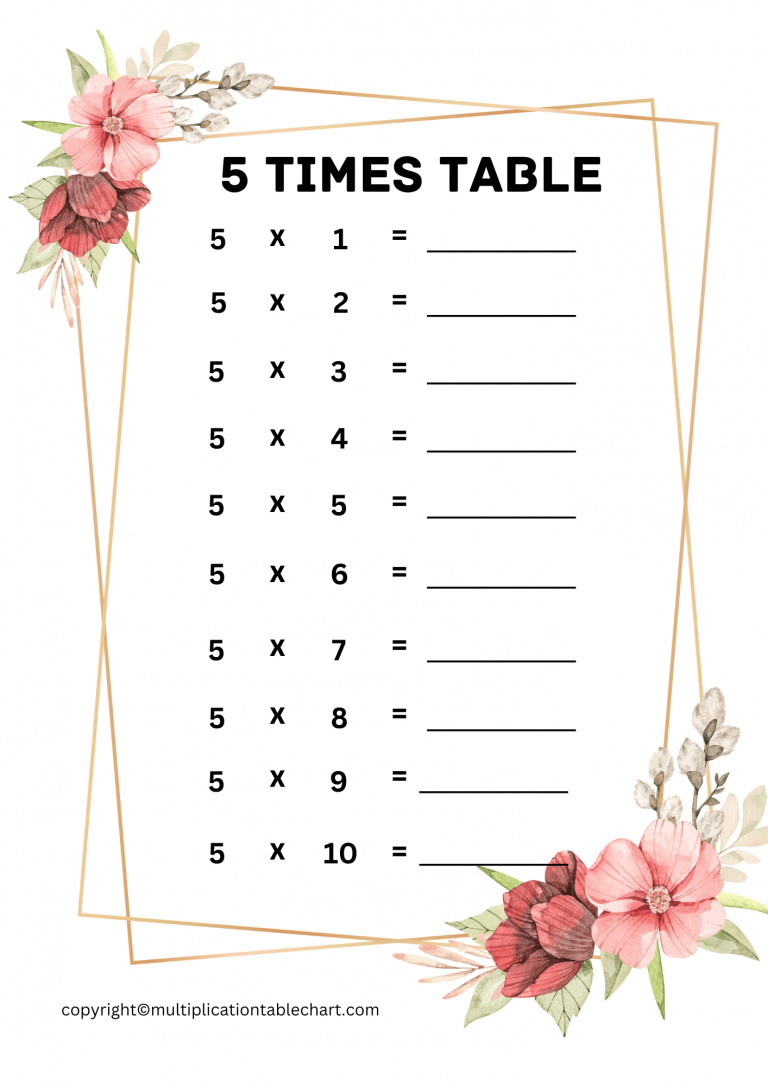 5 times table worksheet