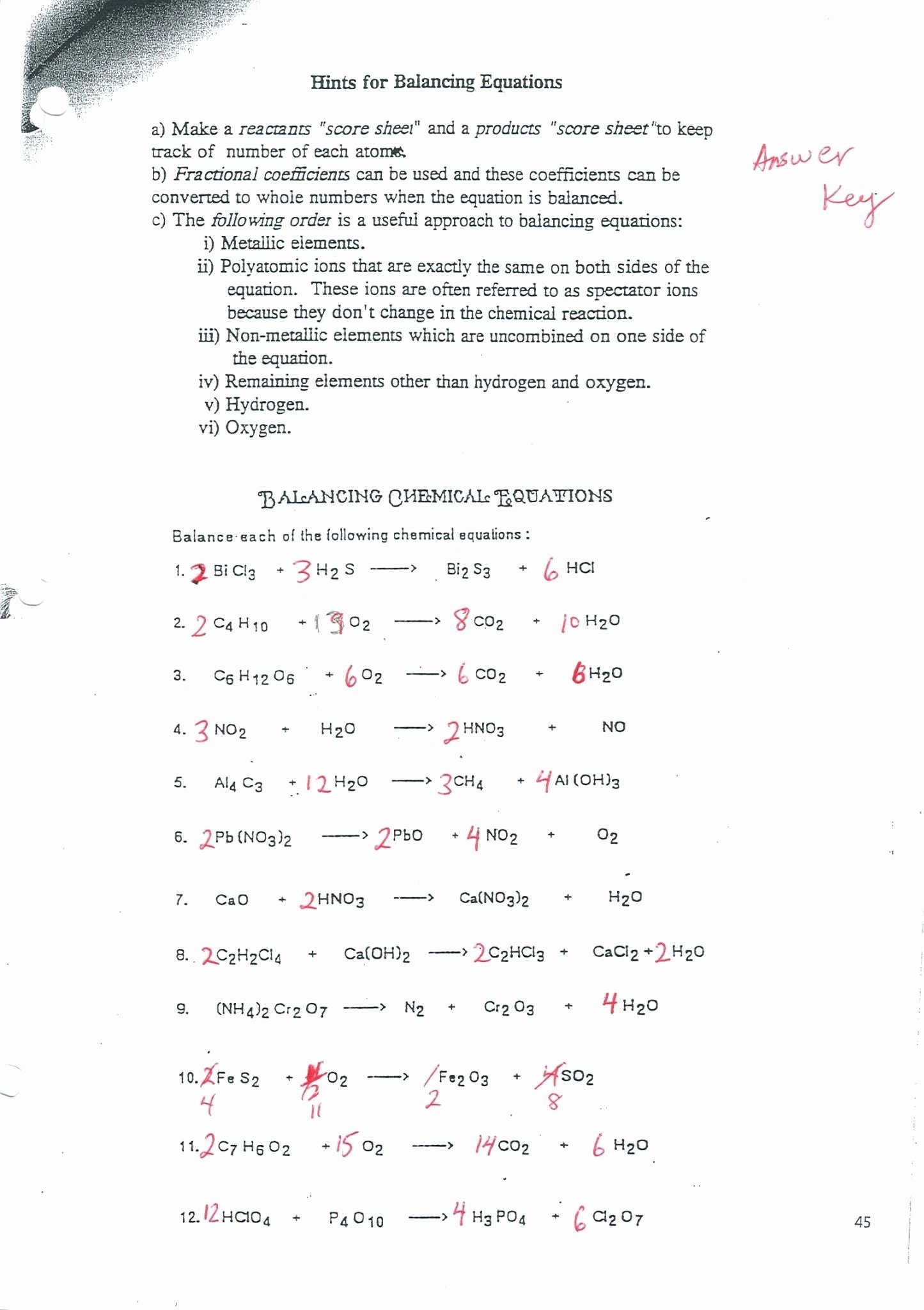 chemistry balancing equations worksheet answer key