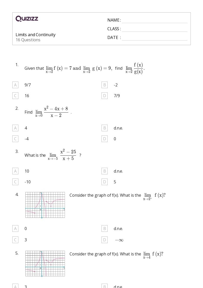 50 Limits And Continuity Worksheets On Quizizz Free Printable 