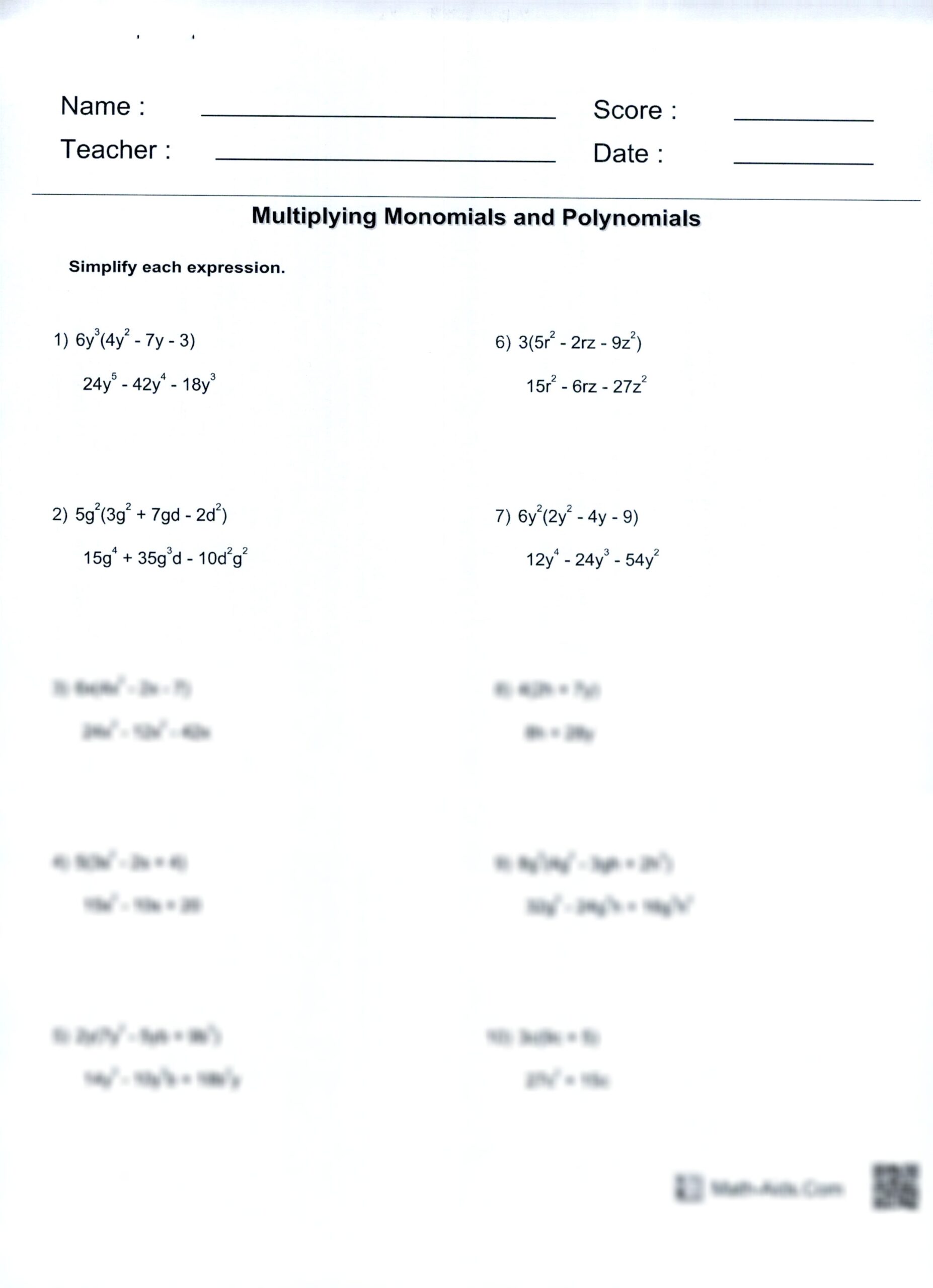 50 Monomials Operations Worksheets For 9th Class On Quizizz 