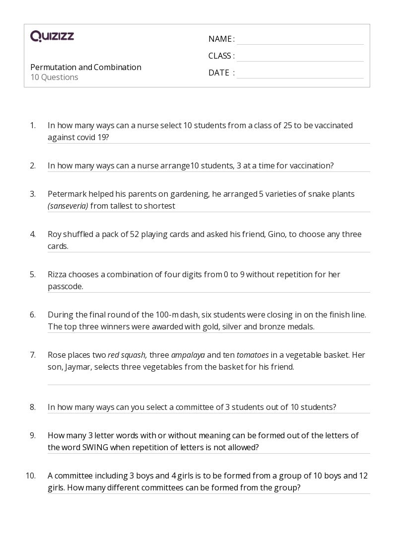 50 Permutation And Combination Worksheets On Quizizz Free