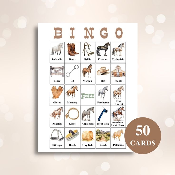 50 Printable Horse Bingo Cards Horse Themed Picture Bingo Cards Horse 