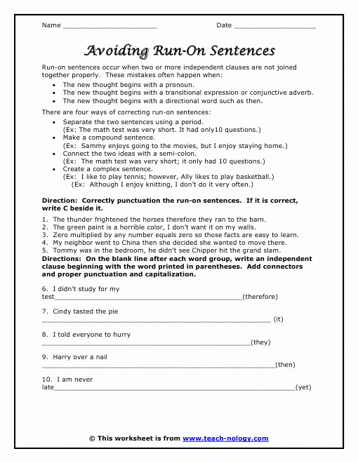 50 Run On Sentences Worksheet