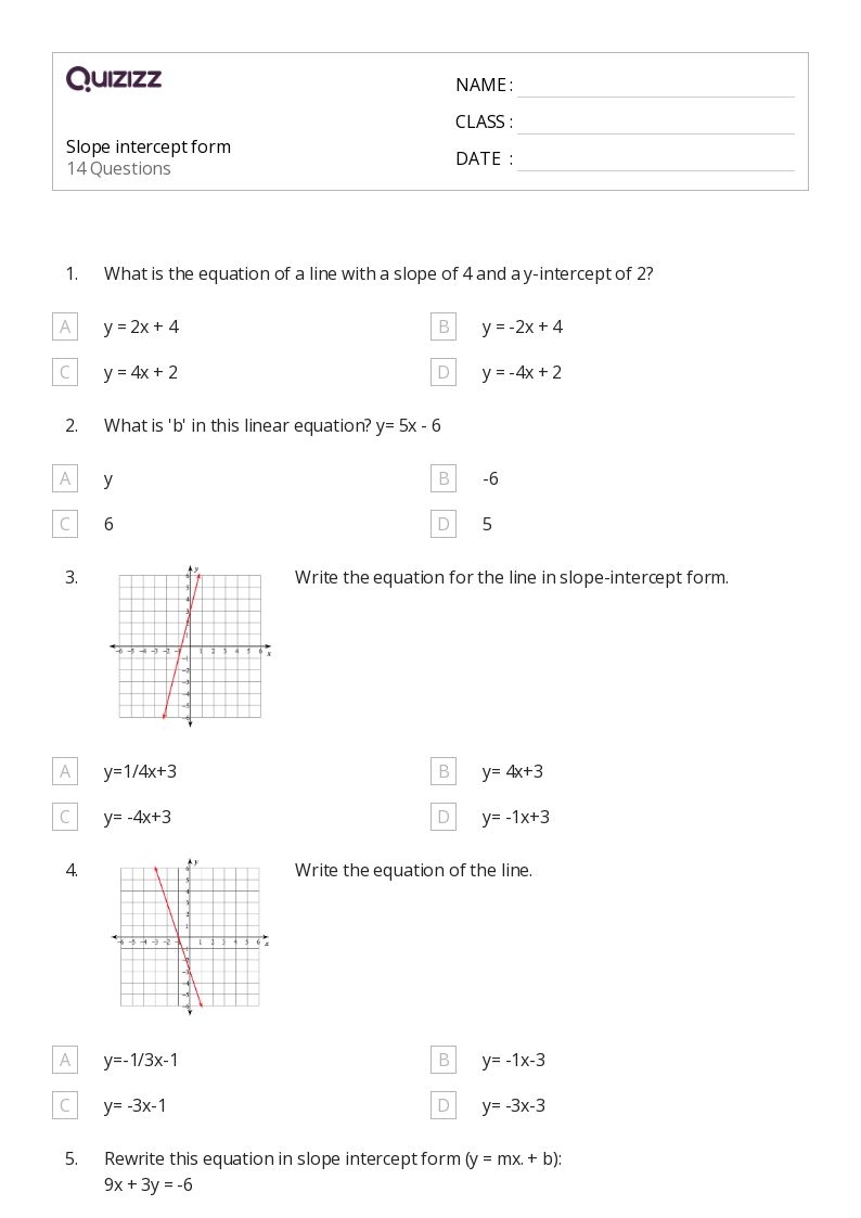 50 Slope Intercept Form Worksheets For 6th Grade On Quizizz 