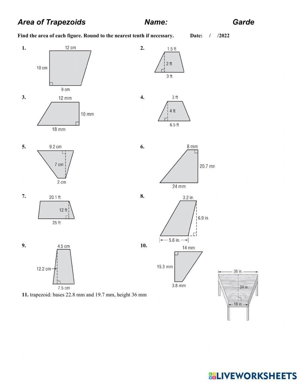 worksheet area of trapezoid