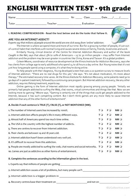 9th Grade English Worksheets