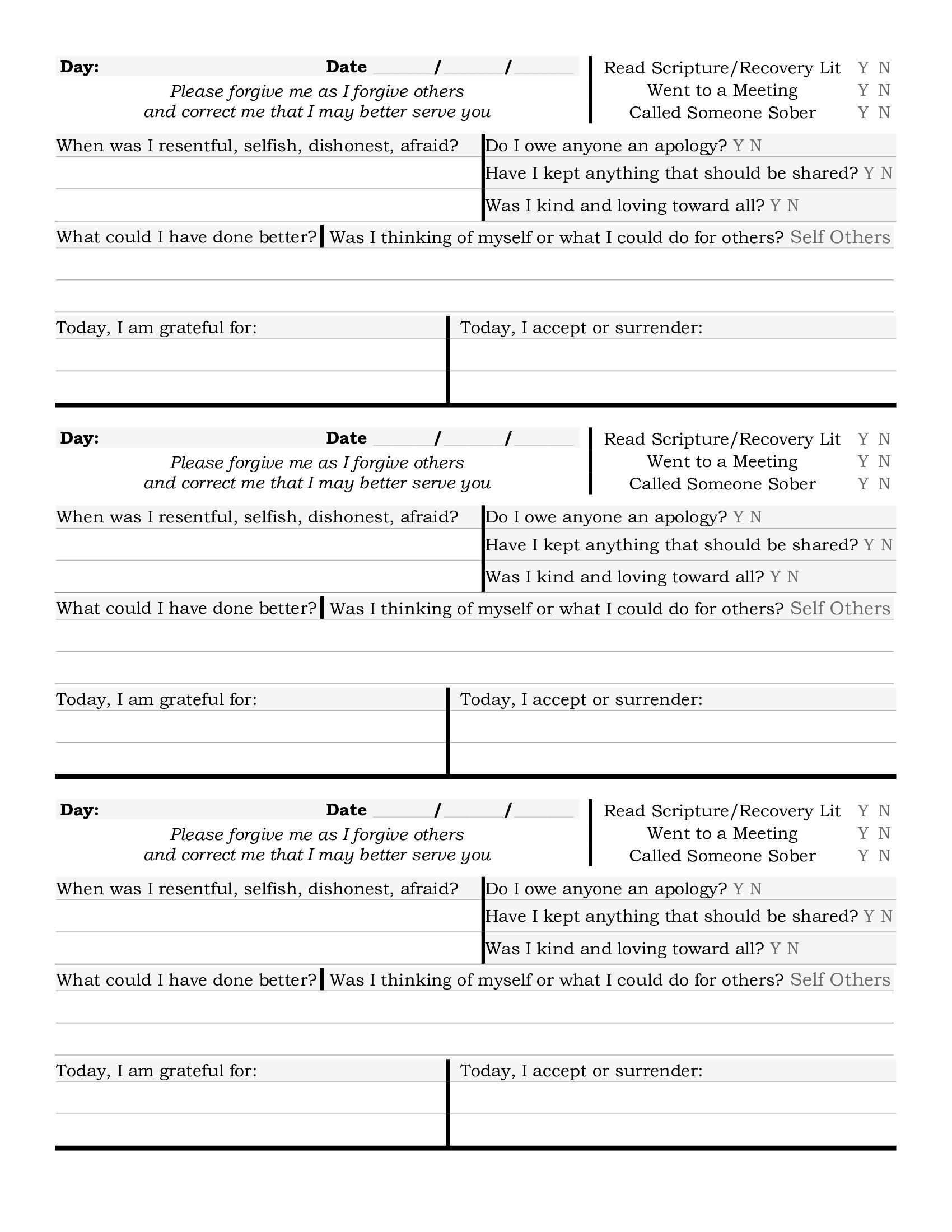 12th step worksheet