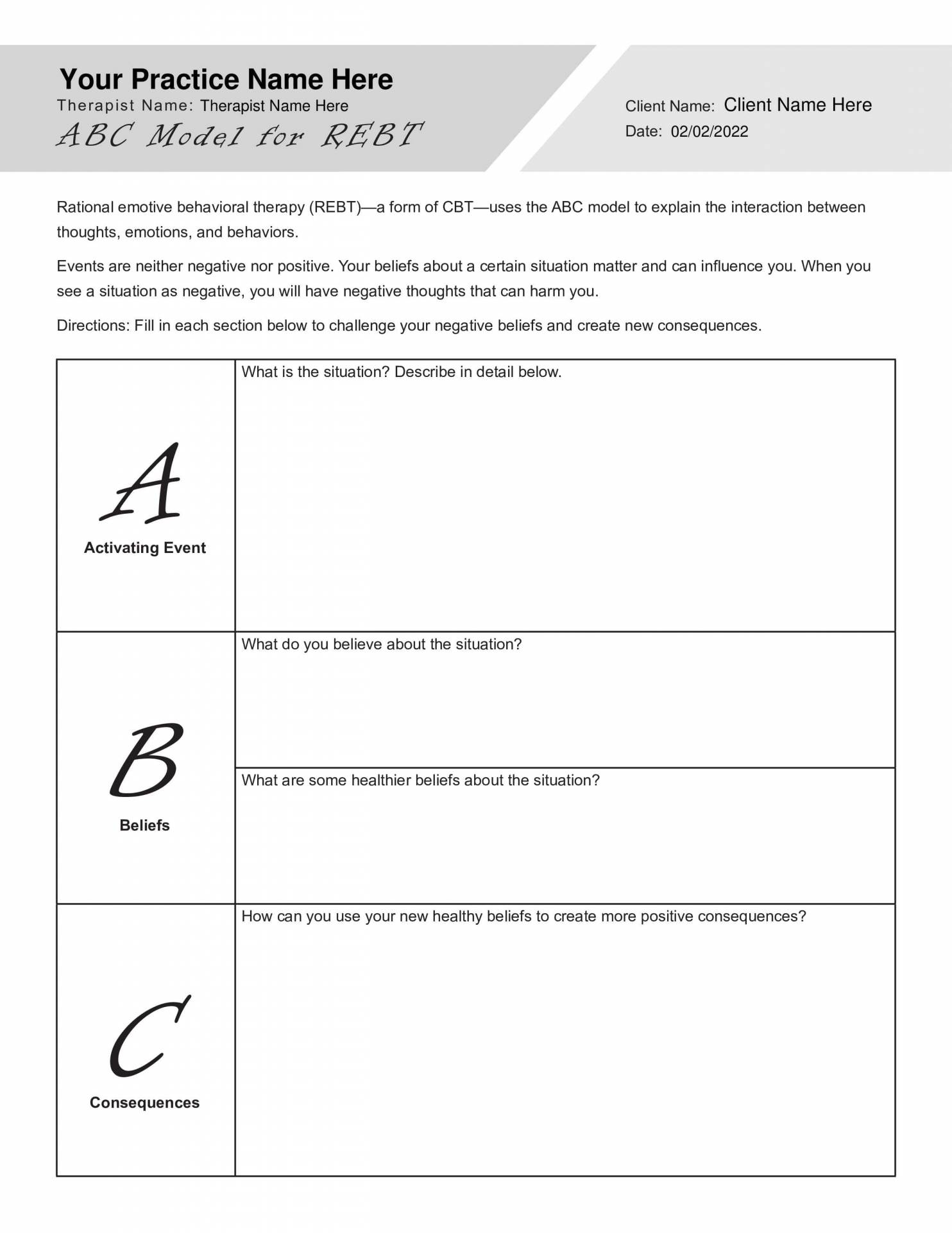 abc cognitive therapy worksheet