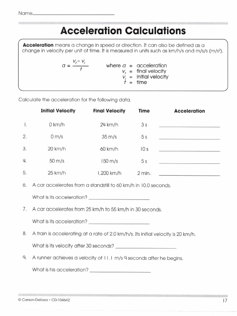 Acceleration Calculations Worksheet PDF Worksheets Library