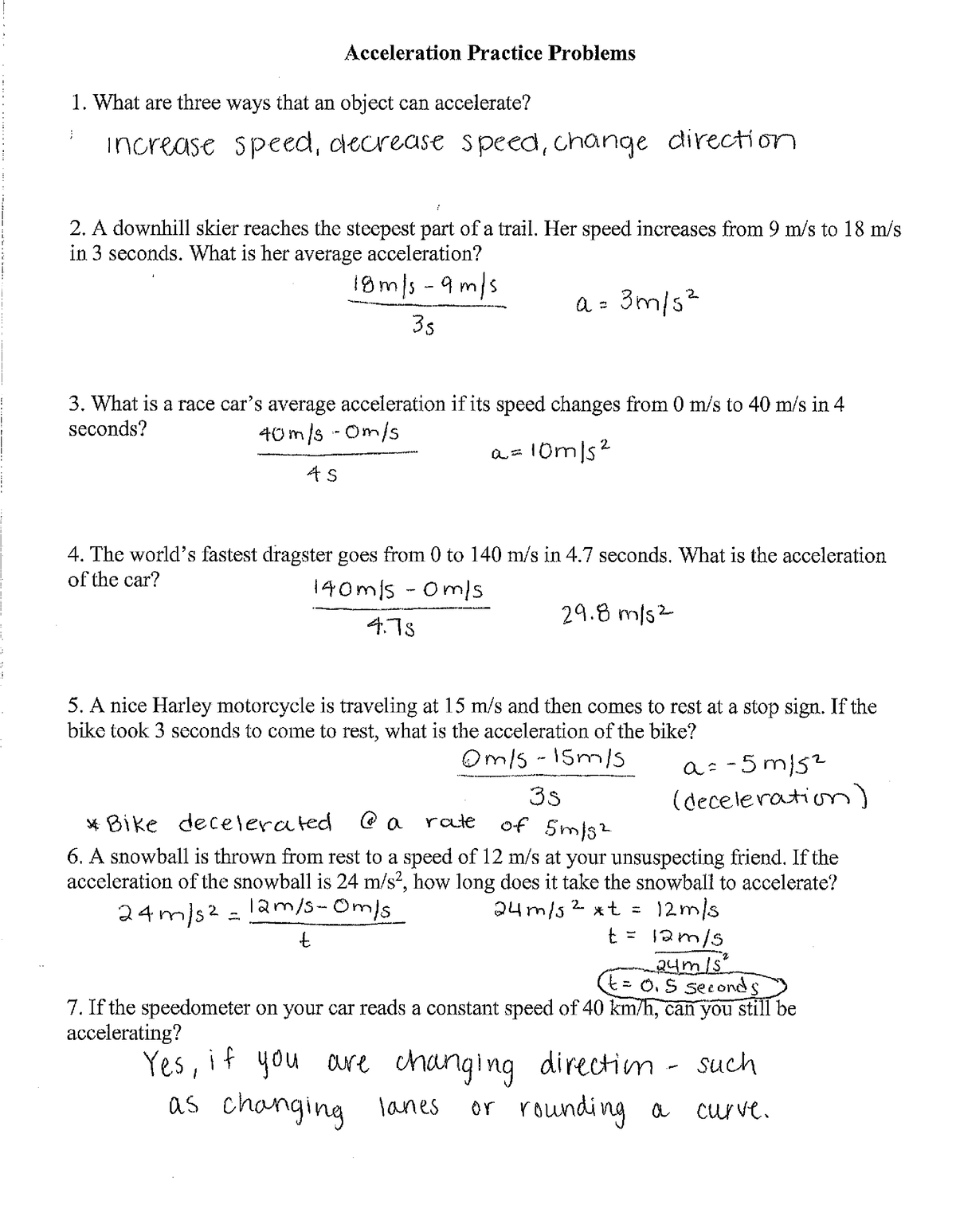 acceleration worksheet