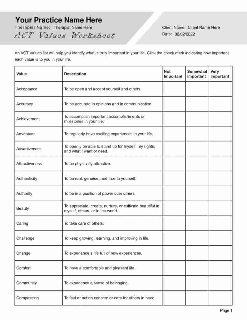 ACT Values Worksheet Editable Fillable Printable PDF 