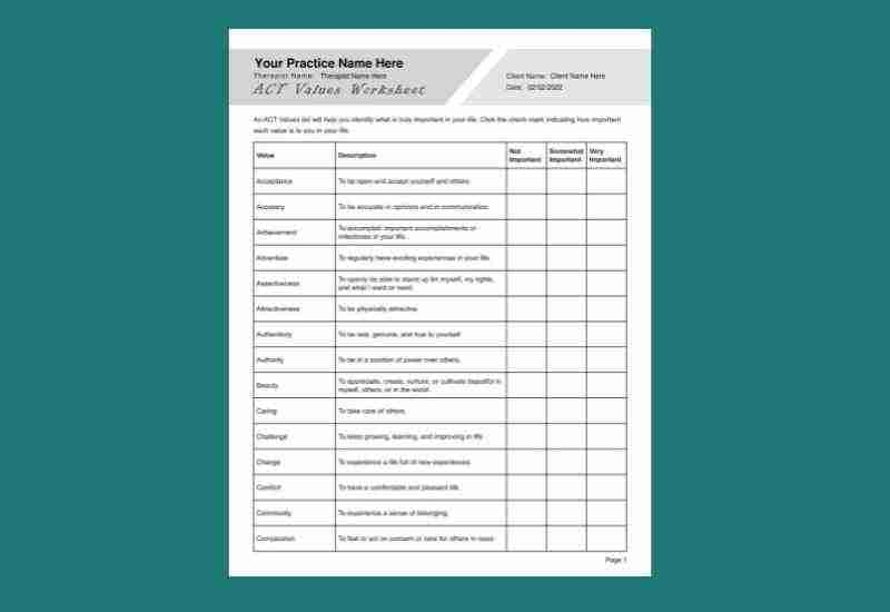 act values worksheet pdf