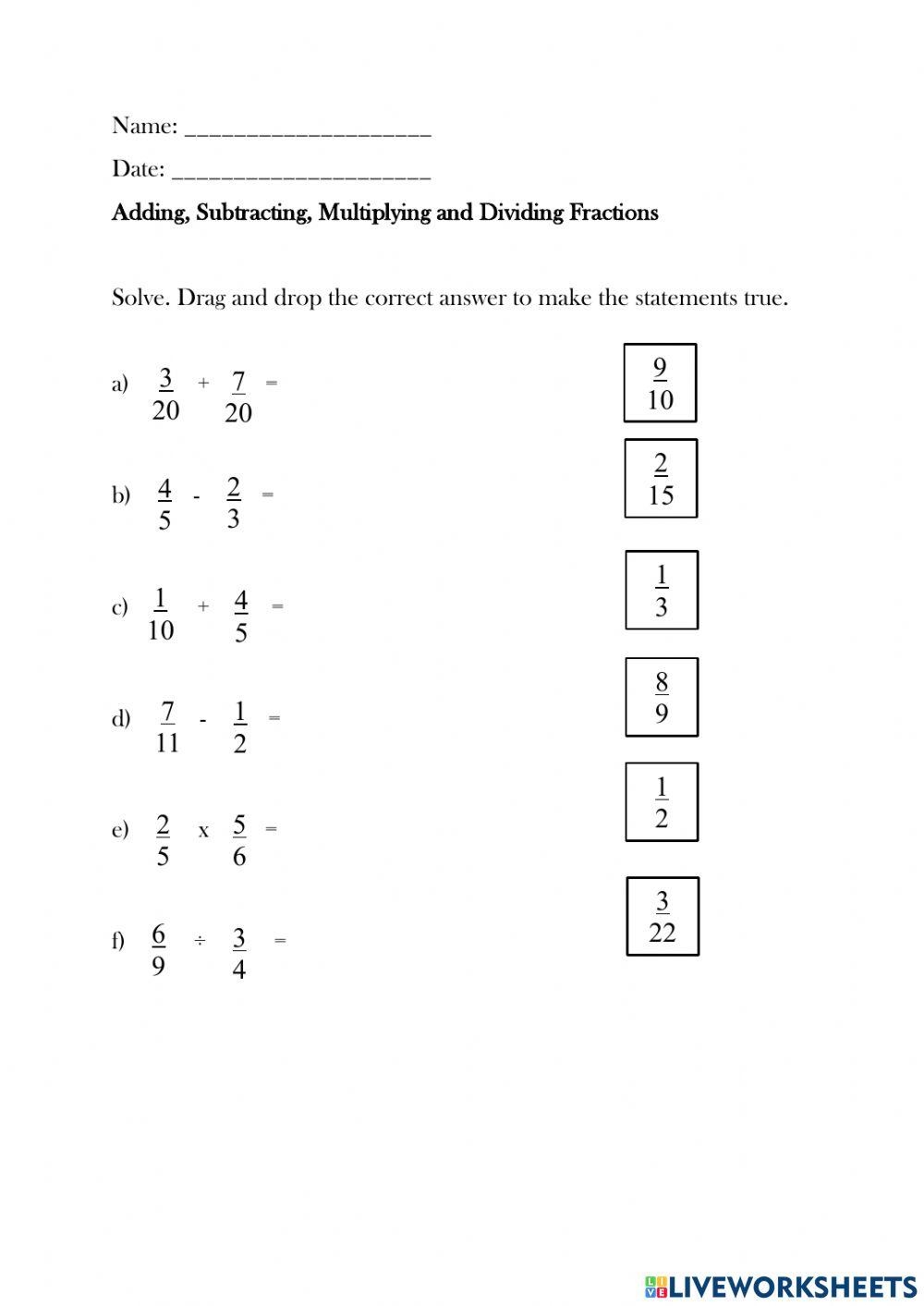 Add Subtract Multiply And Divide Fractions Worksheet Live 
