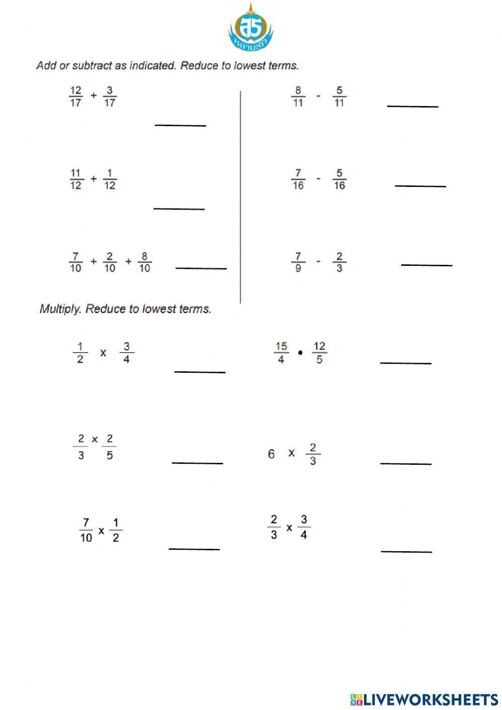 Add Subtract Multiply Or Divide Fractions Worksheet Live 
