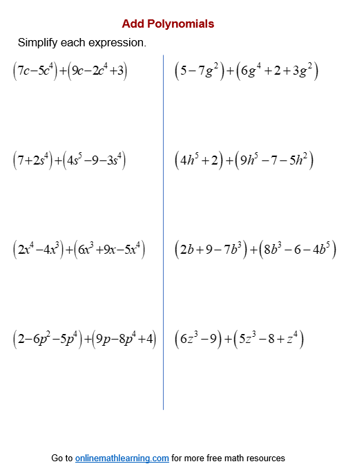 addition and subtraction of polynomials worksheet