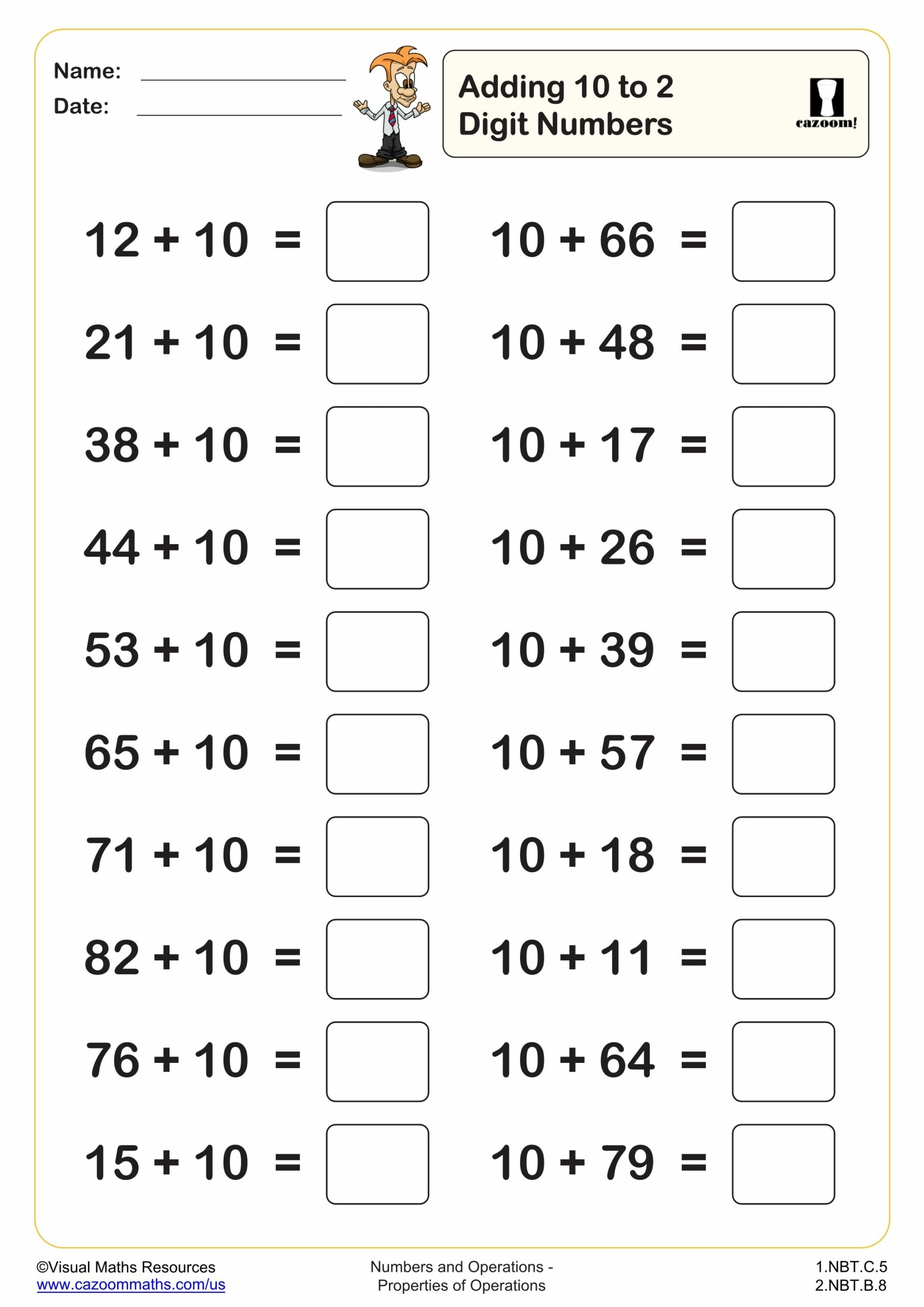 Adding 10 To 2 Digit Numbers 20 Questions PDF Printable 