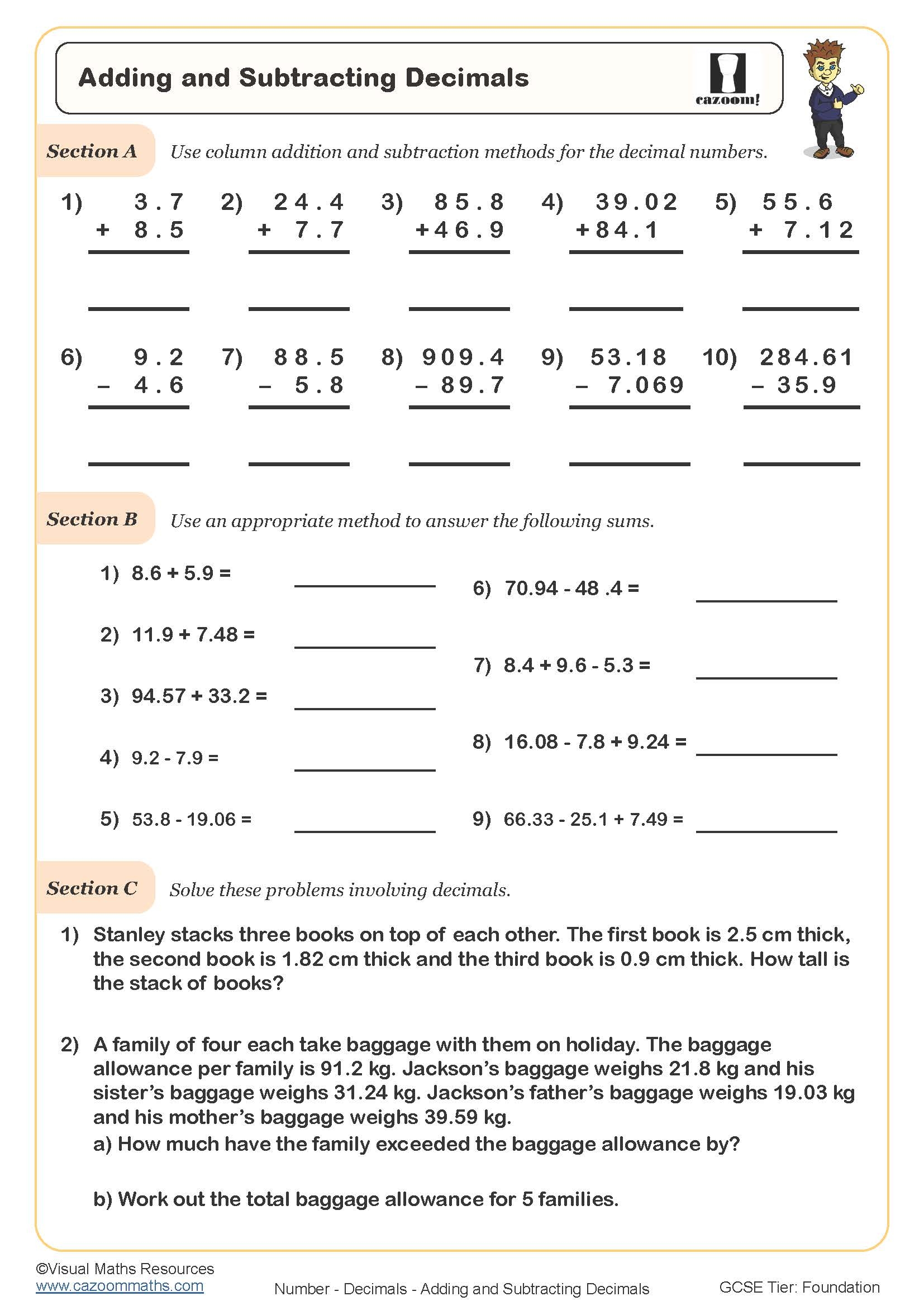 Adding And Subtracting Decimals Worksheet PDF Printable Worksheet 