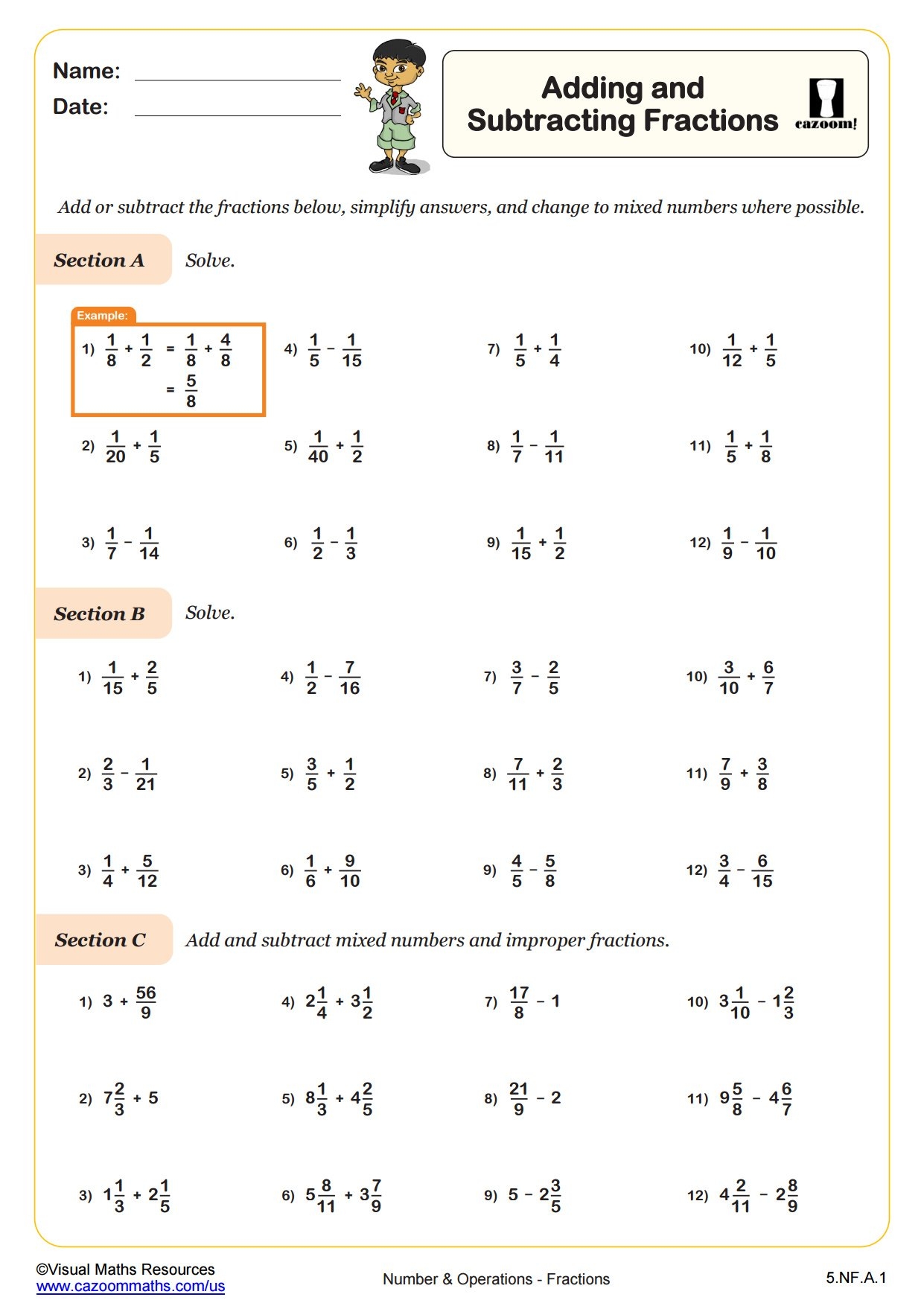 subtracting fractions worksheet