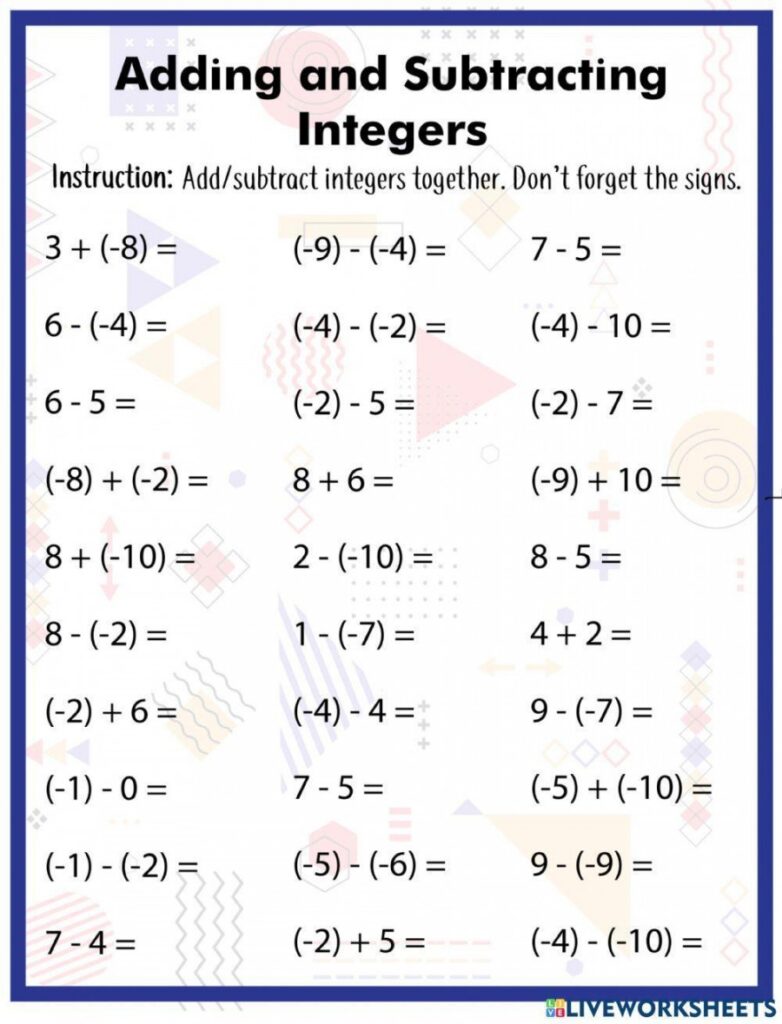 Adding And Subtracting Integer Worksheet Printable PDF Template