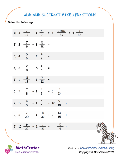Adding And Subtracting Mixed Fractions Worksheets Math Center 