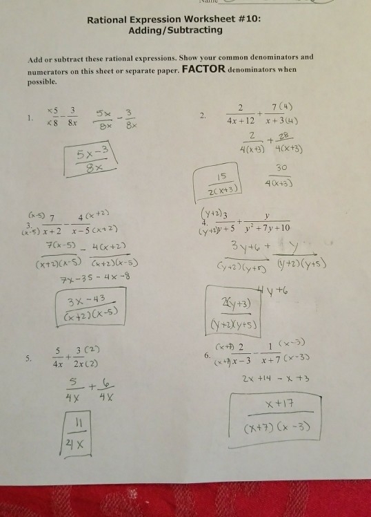 Adding And Subtracting Rational Expressions Worksheet PDF