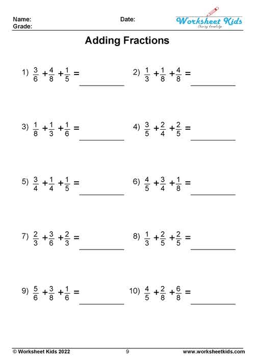 Adding Fractions With Unlike Denominators Worksheets Free PDF 