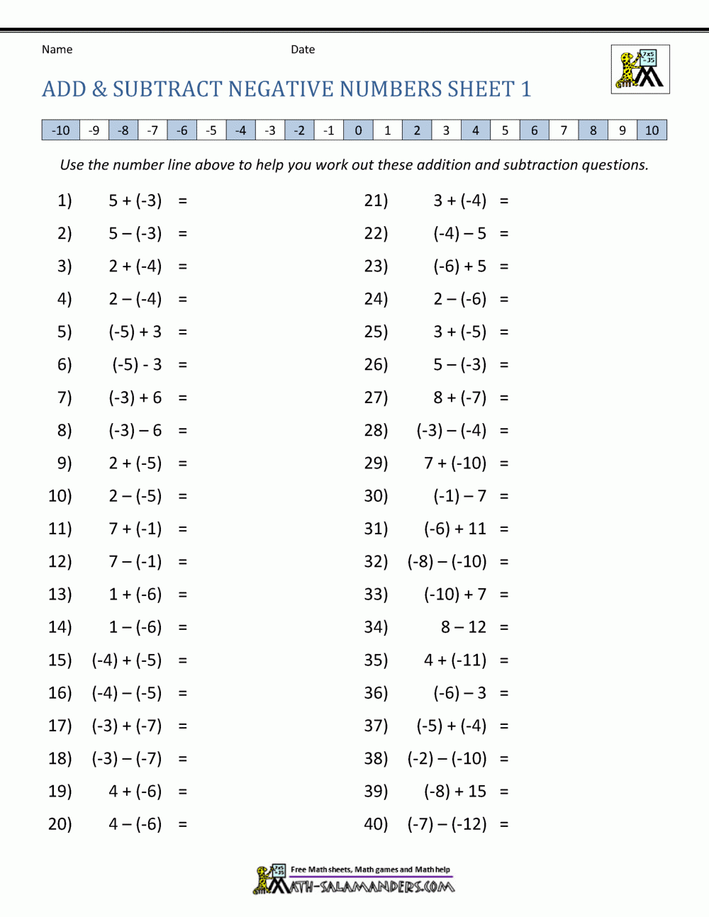 adding subtracting integers worksheet pdf