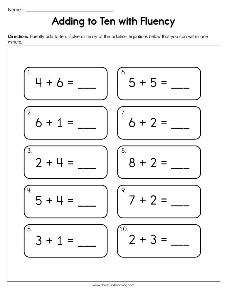 Adding To Ten With Fluency Worksheet Have Fun Teaching Worksheets 