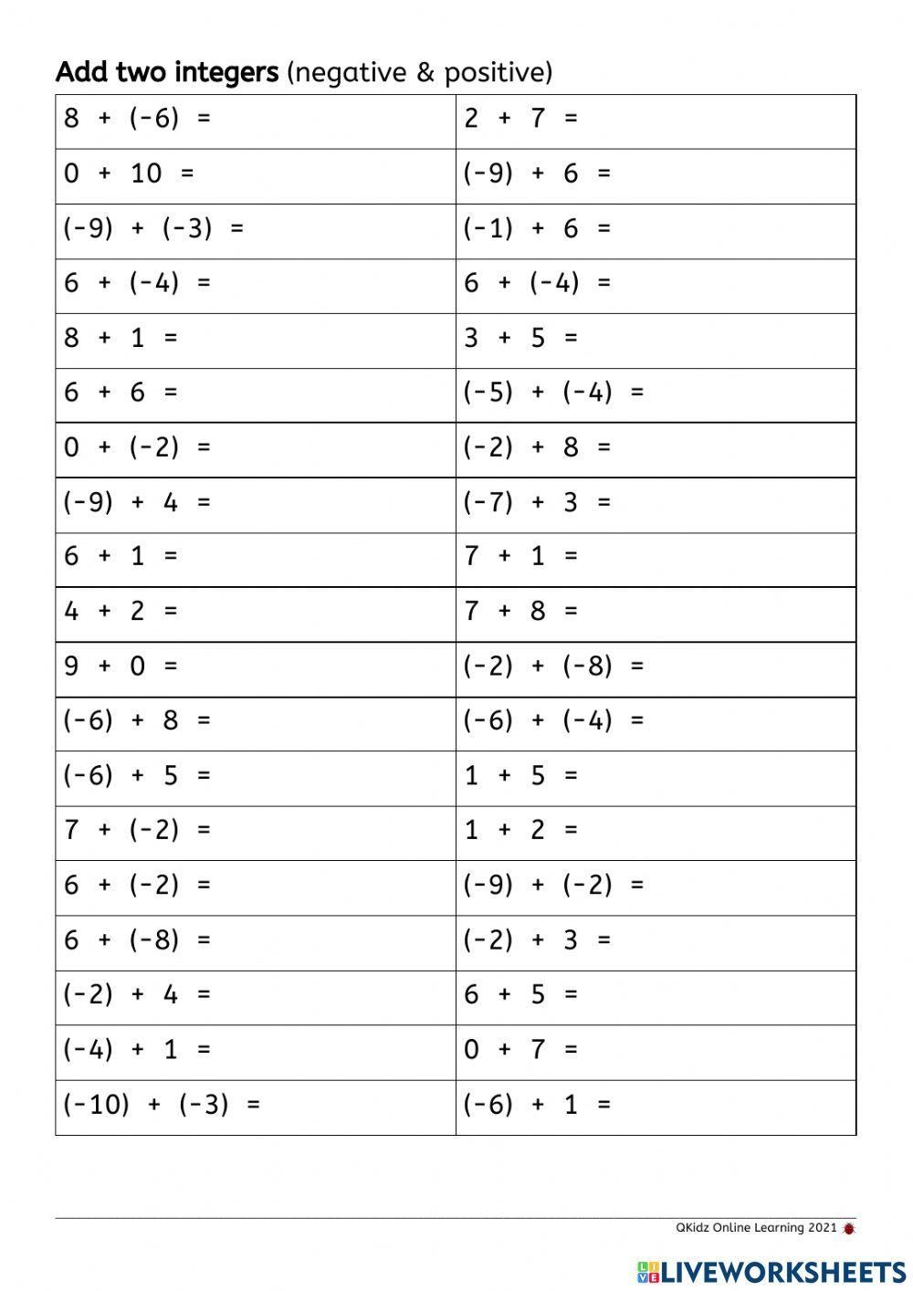 Adding Two Integers Negative And Positive Worksheet Live Worksheets 