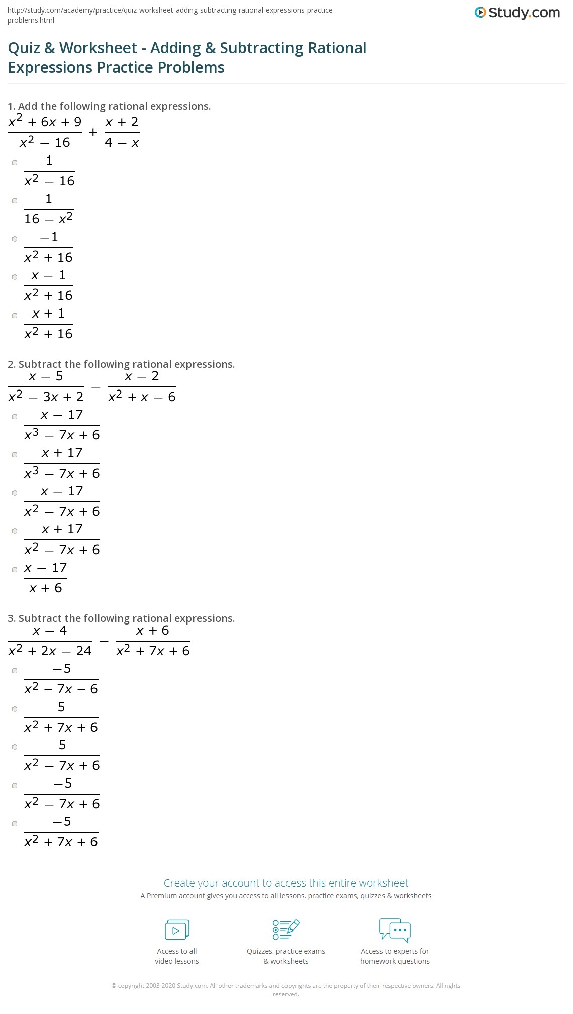 Addition And Subtraction Of Rational Expressions Worksheet