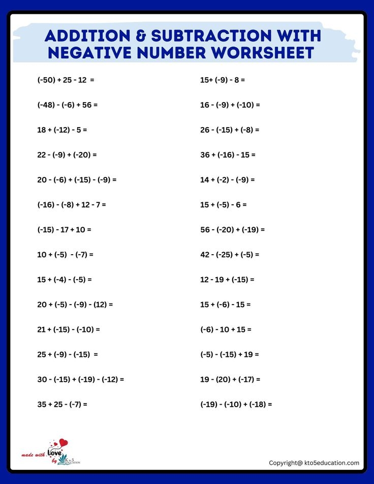 Addition And Subtraction With Negative Number Worksheet