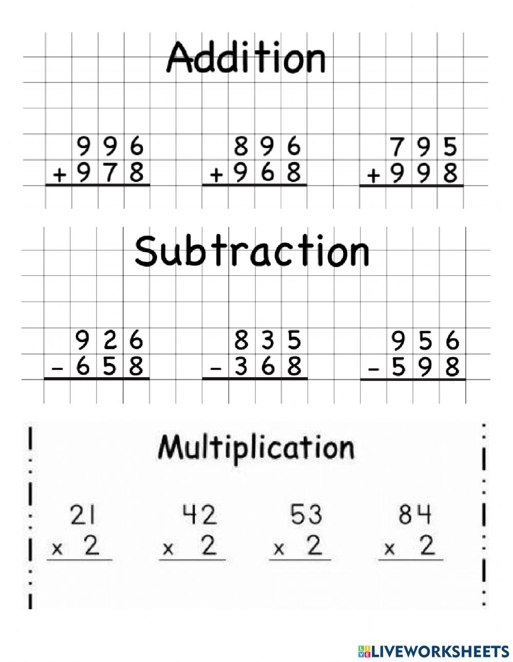 addition subtraction multiplication division worksheets