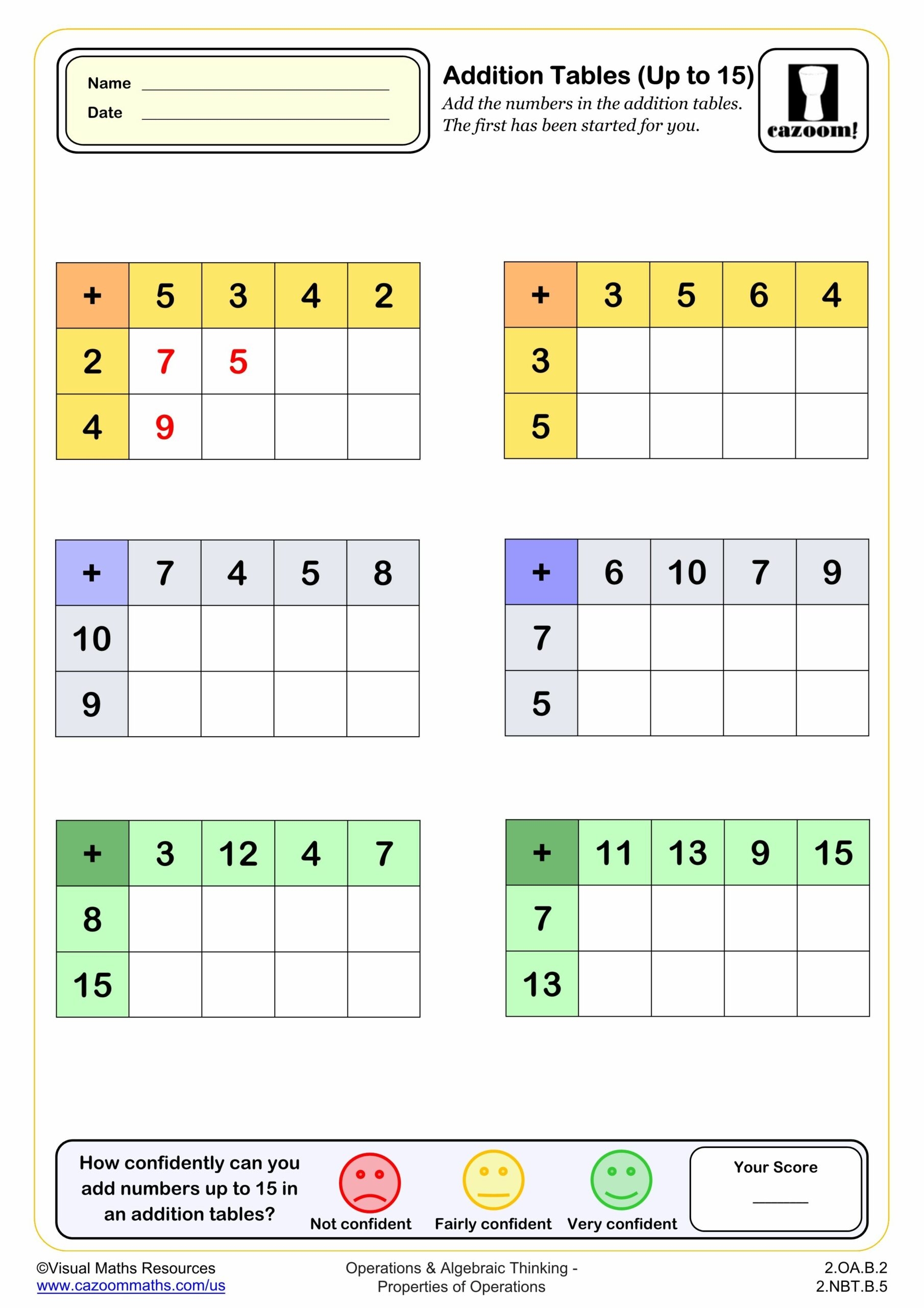 addition table worksheet printable