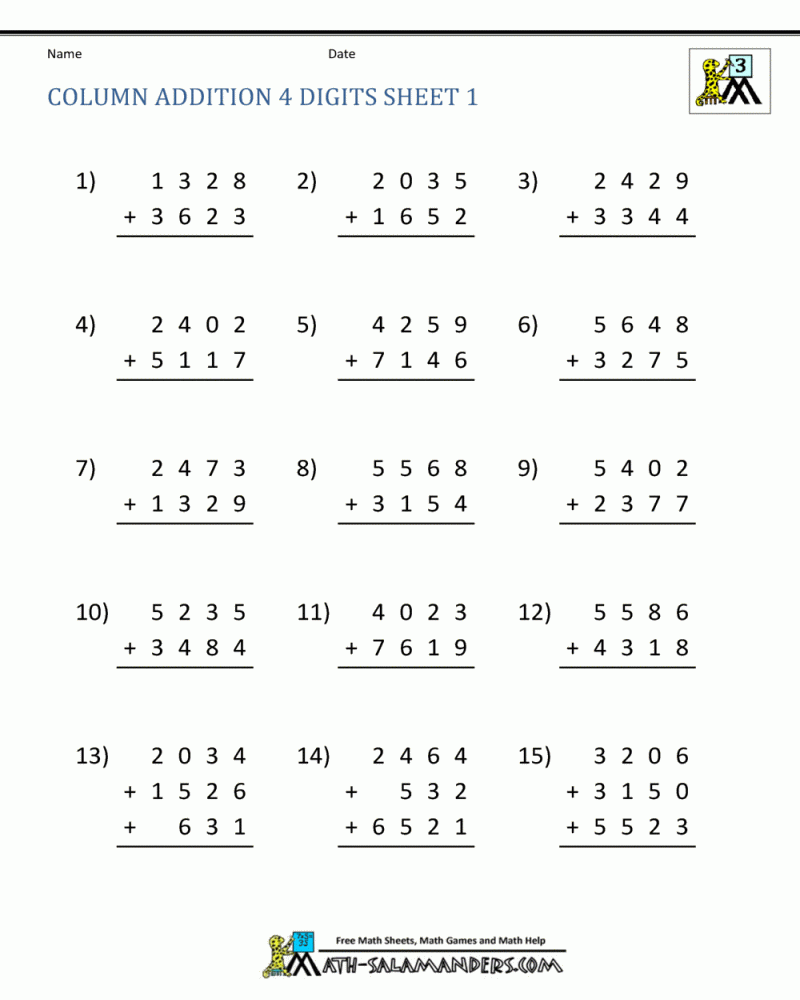 Addition Worksheet Grade 4 Math Worksheets Printable