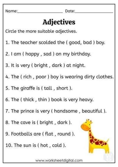 worksheet on adjectives