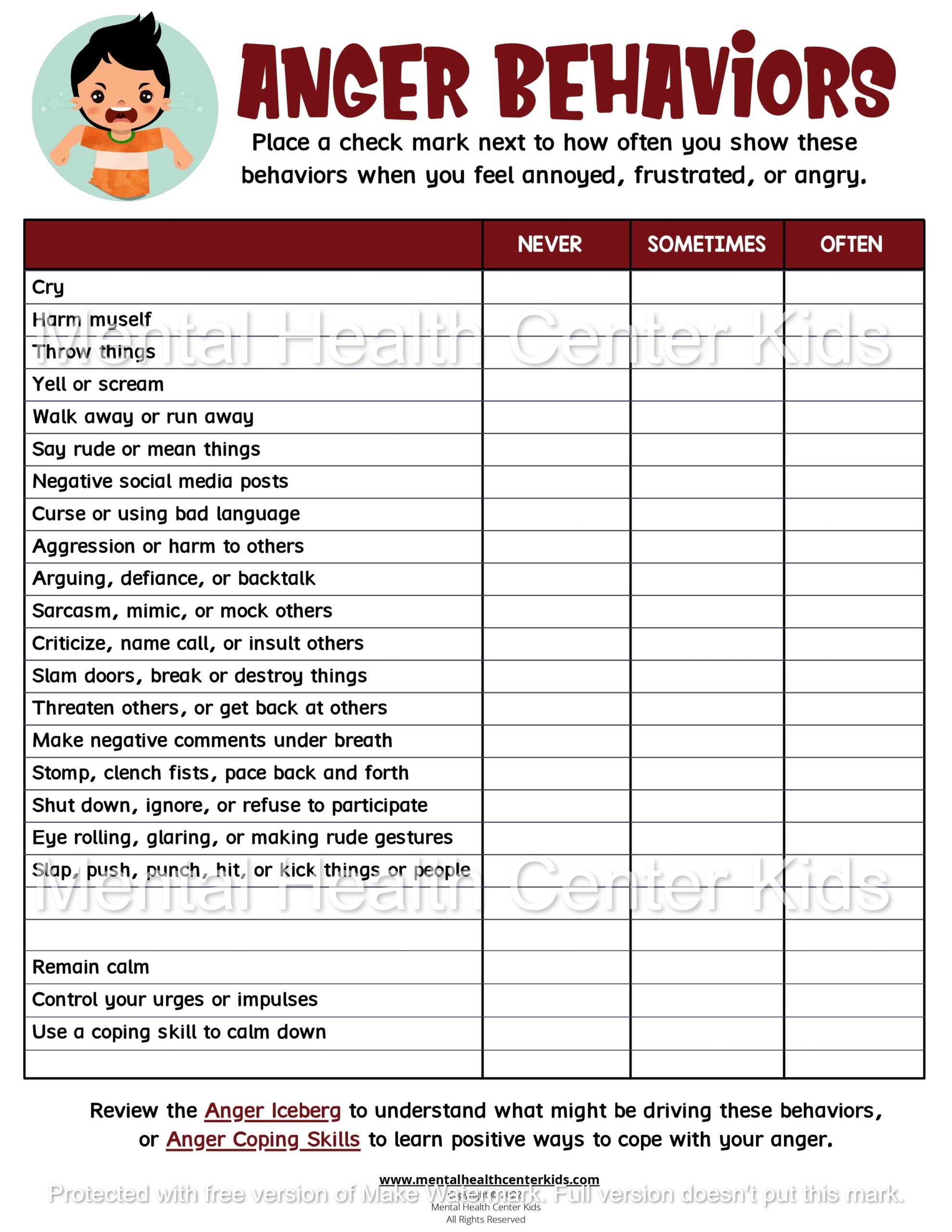 Anger Behaviors Worksheets Library