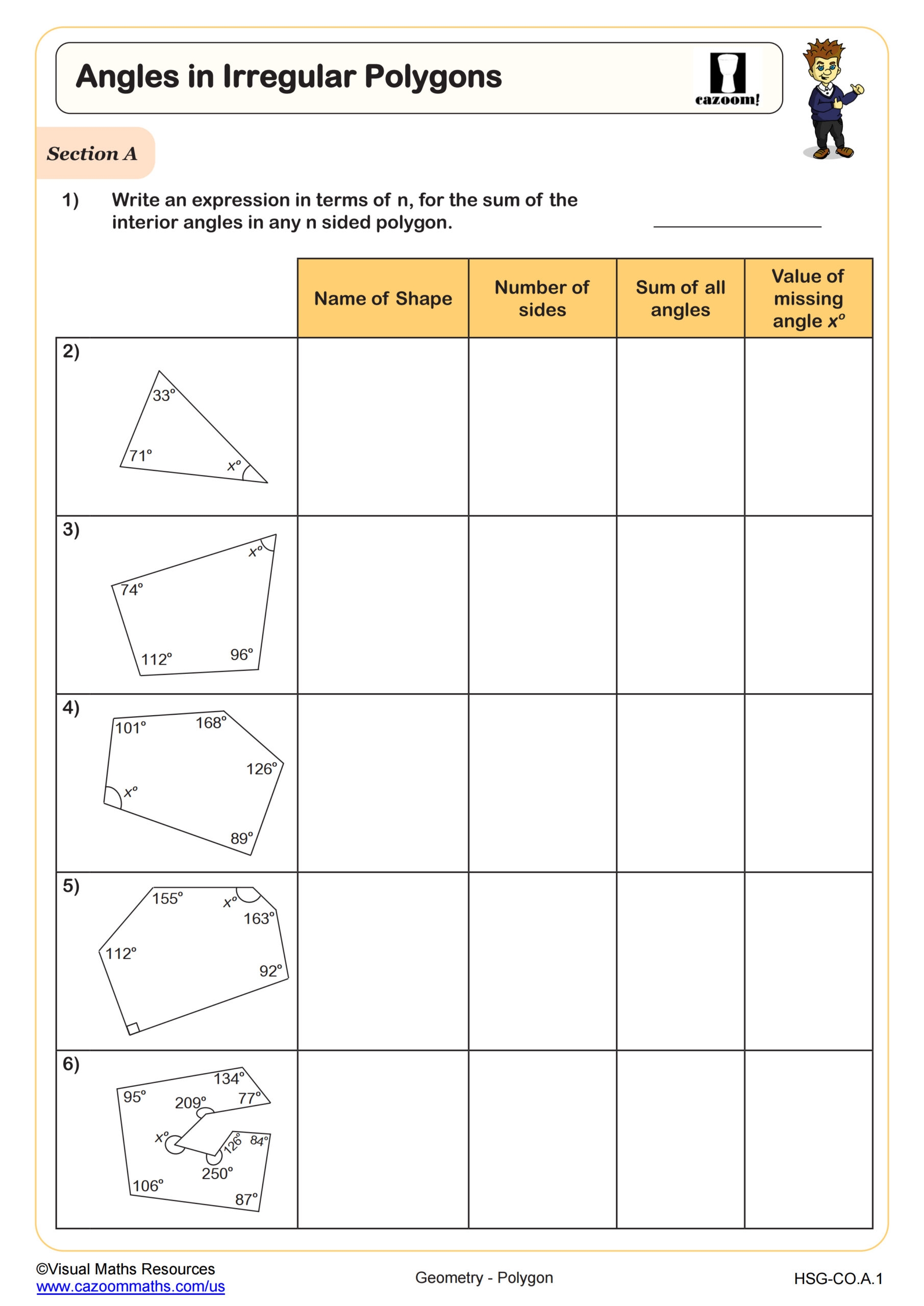 Angles In Irregular Polygons Worksheet PDF Printable Geometry