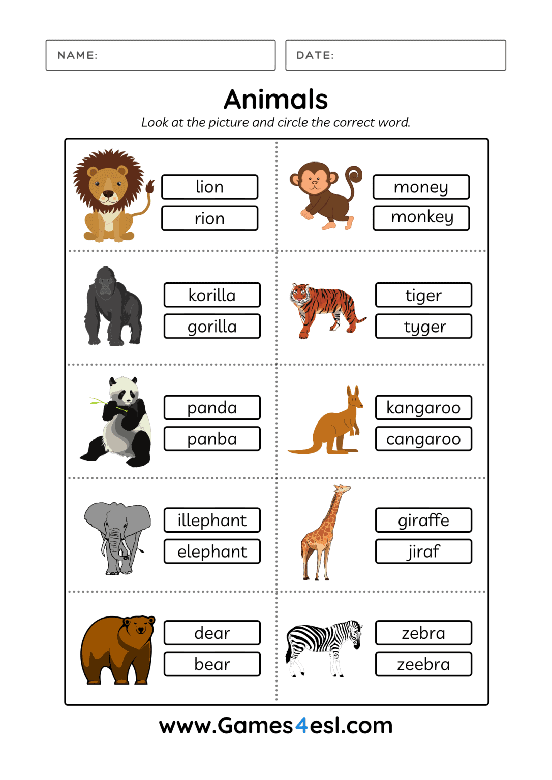 Animals For Kindergarten Worksheets
